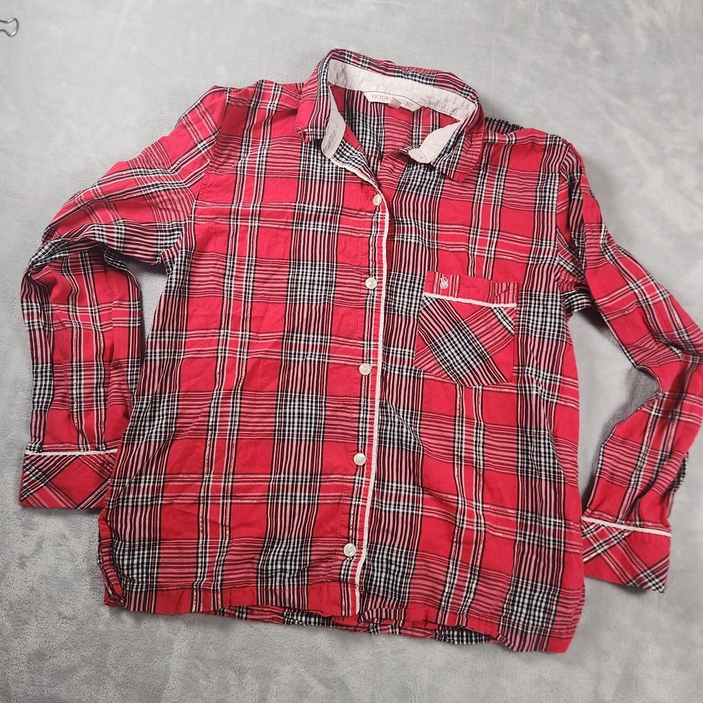 Victoria's Secret Red Plaid Flannel Button Sleep Shirt Pajama Top XS Lightweight